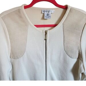Vintage SEMPLICE Womens Cream Suede‎ Trim Zip Front Cardigan Y2K Wool Size S